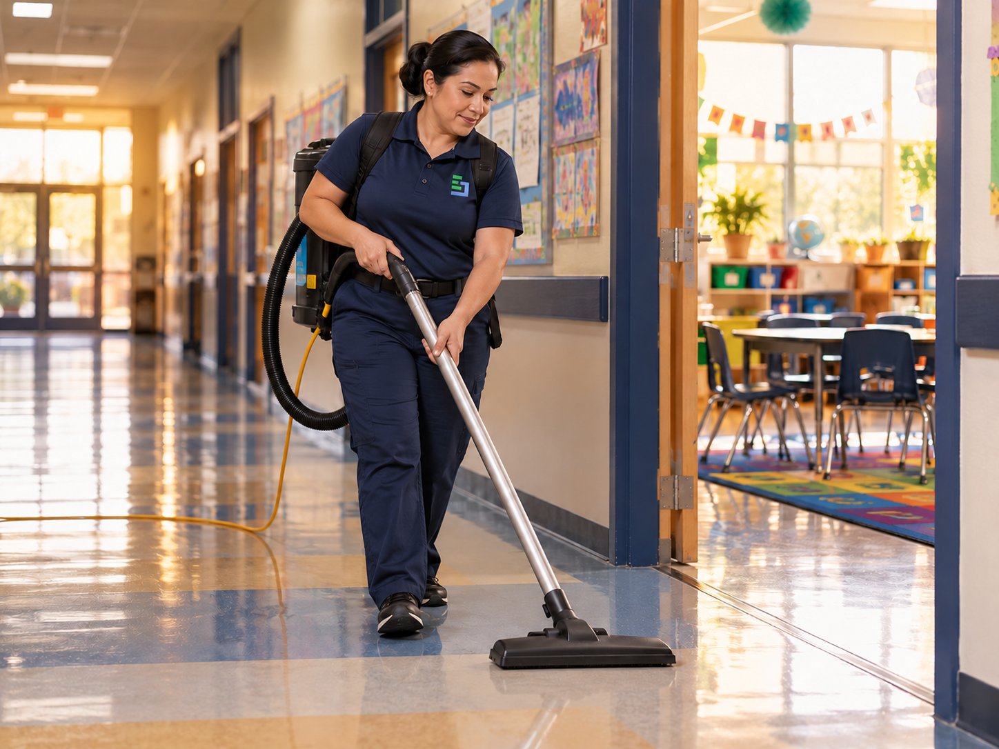 Enviro-Jan team member vacuuming a school corridor