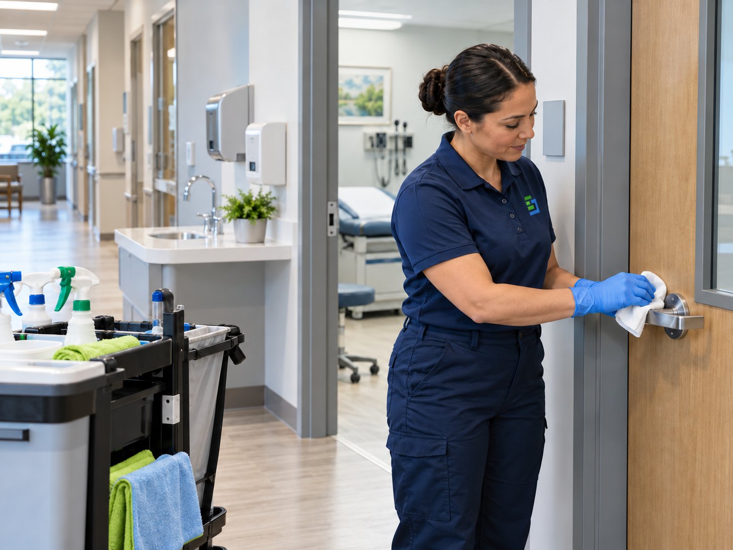 Enviro-Jan team member cleaning a medical facility door handle