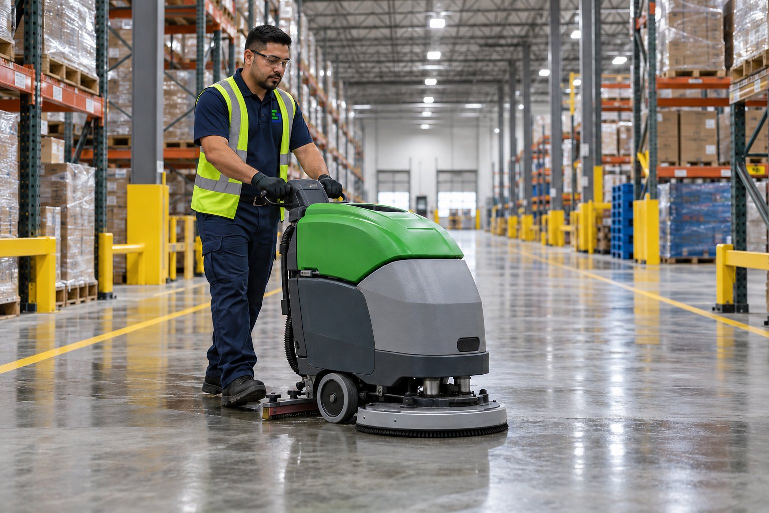 Enviro-Jan professional operating a floor scrubber in a warehouse